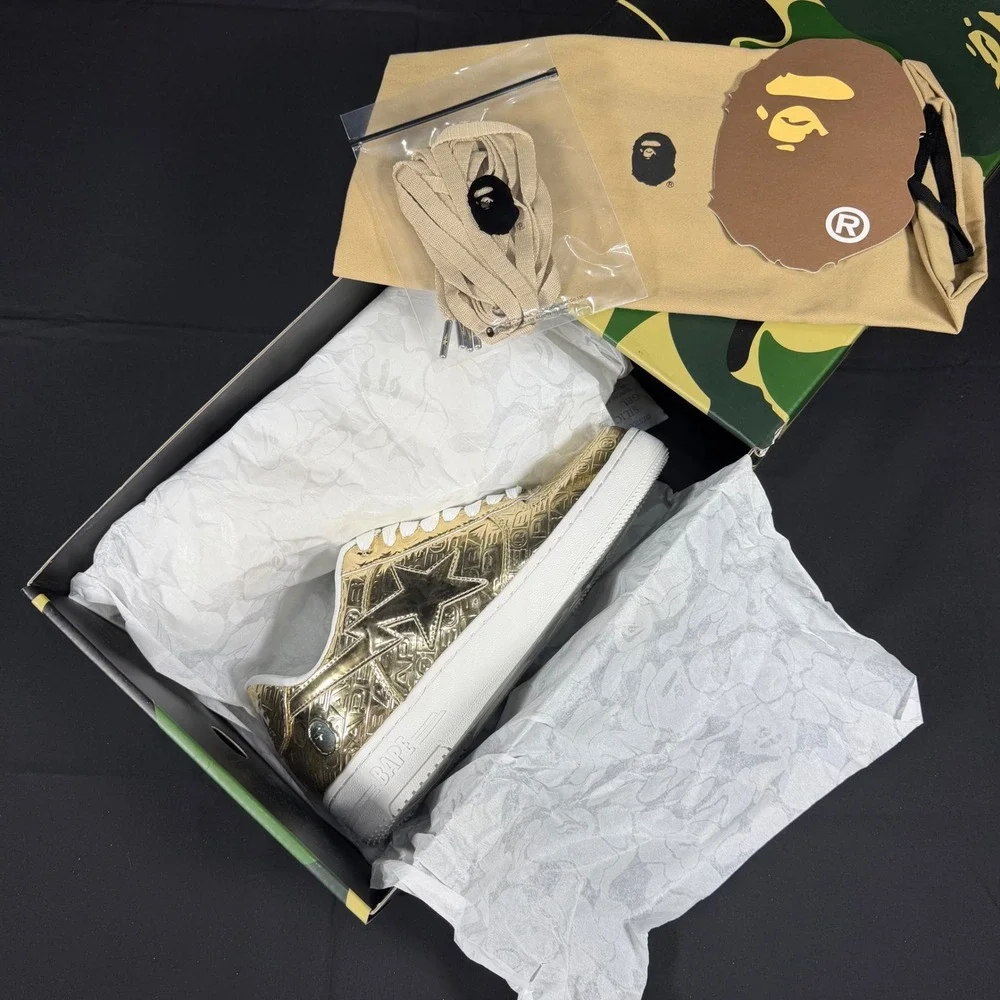 A Bathing Ape Bape Sta Gold Metallic Embossed Low Top Sneakers 1K80191305 Size 8